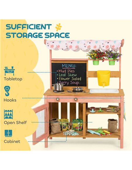 AIYAPLAY Kids Mud Kitchen with Canopy, Outdoor Wooden Play Kitchen with Planter Box, Accessories for Age 3-6, Pink - pic 203298 | FastDaddyshop