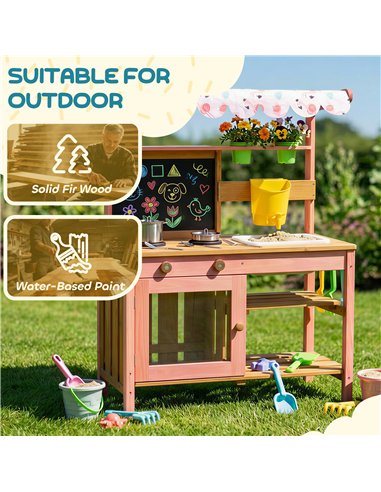AIYAPLAY Kids Mud Kitchen with Canopy, Outdoor Wooden Play Kitchen with Planter Box, Accessories for Age 3-6, Pink