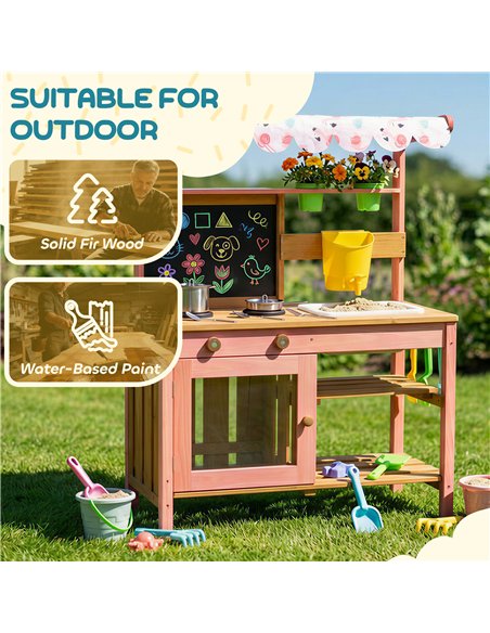 AIYAPLAY Kids Mud Kitchen with Canopy, Outdoor Wooden Play Kitchen with Planter Box, Accessories for Age 3-6, Pink - pic 203299 | FastDaddyshop