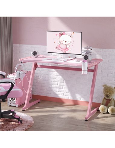 HOMCOM Ergonomic Home Office Gaming Desk with Hook, Cup Holder, Pink