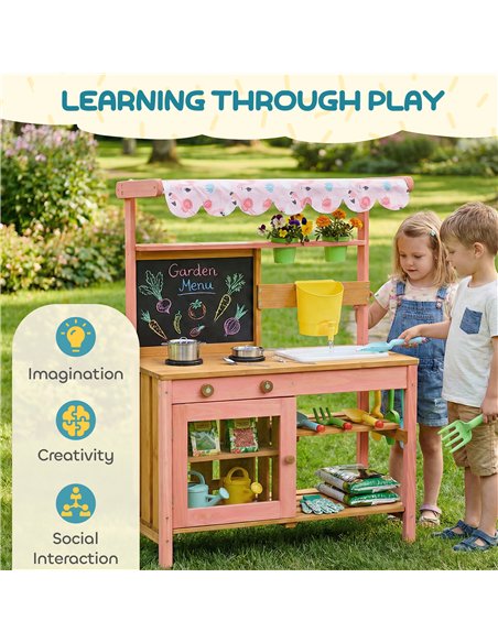 AIYAPLAY Kids Mud Kitchen with Canopy, Outdoor Wooden Play Kitchen with Planter Box, Accessories for Age 3-6, Pink - pic 203300 | FastDaddyshop