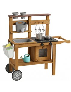 AIYAPLAY Wooden Mud Kitchen with Wheels, Stove, Faucet, Flower Pots, Stainless Steel Accessories for Toddlers 3-6, Brown