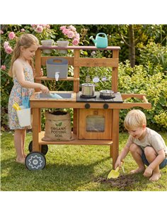 AIYAPLAY Wooden Mud Kitchen with Wheels, Stove, Faucet, Flower Pots, Stainless Steel Accessories for Toddlers 3-6, Brown 2