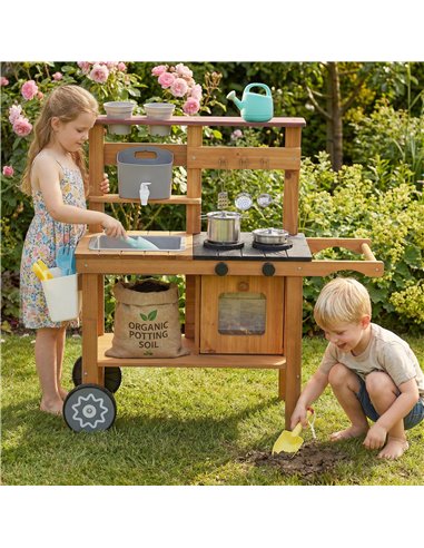 AIYAPLAY Wooden Mud Kitchen with Wheels, Stove, Faucet, Flower Pots, Stainless Steel Accessories for Toddlers 3-6, Brown