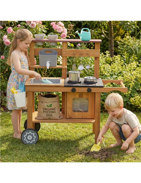 AIYAPLAY Wooden Mud Kitchen with Wheels, Stove, Faucet, Flower Pots, Stainless Steel Accessories for Toddlers 3-6, Brown - pic 203302 | FastDaddyshop