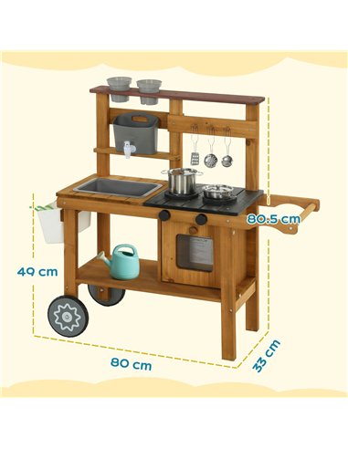 AIYAPLAY Wooden Mud Kitchen with Wheels, Stove, Faucet, Flower Pots, Stainless Steel Accessories for Toddlers 3-6, Brown