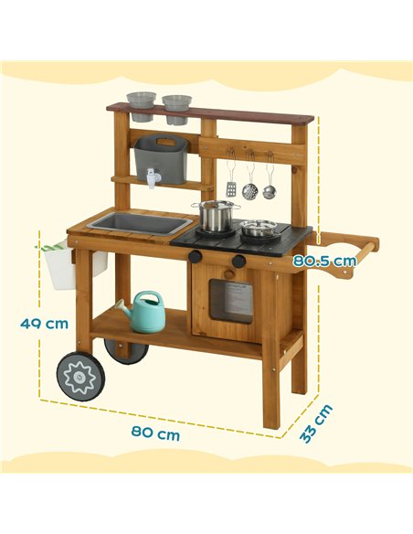 AIYAPLAY Wooden Mud Kitchen with Wheels, Stove, Faucet, Flower Pots, Stainless Steel Accessories for Toddlers 3-6, Brown - pic 203303 | FastDaddyshop