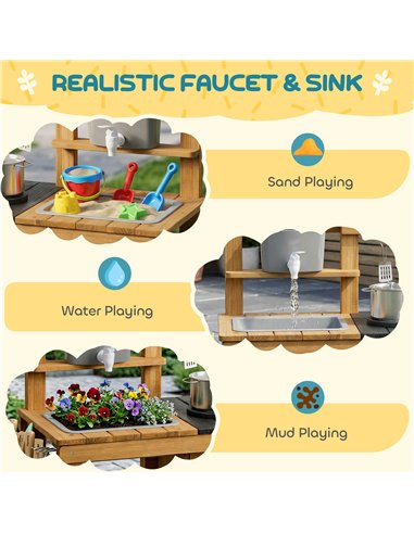 AIYAPLAY Wooden Mud Kitchen with Wheels, Stove, Faucet, Flower Pots, Stainless Steel Accessories for Toddlers 3-6, Brown