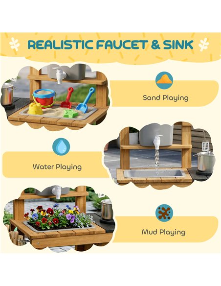 AIYAPLAY Wooden Mud Kitchen with Wheels, Stove, Faucet, Flower Pots, Stainless Steel Accessories for Toddlers 3-6, Brown - pic 203304 | FastDaddyshop