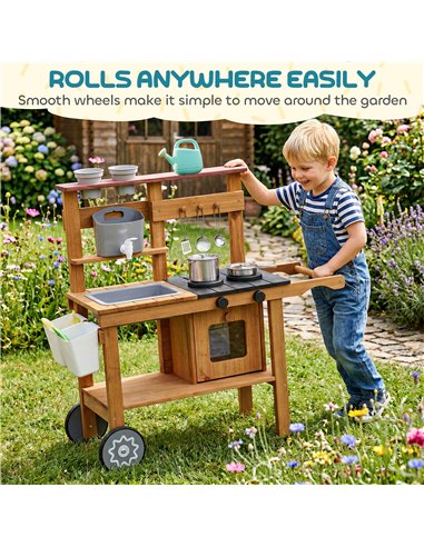 AIYAPLAY Wooden Mud Kitchen with Wheels, Stove, Faucet, Flower Pots, Stainless Steel Accessories for Toddlers 3-6, Brown