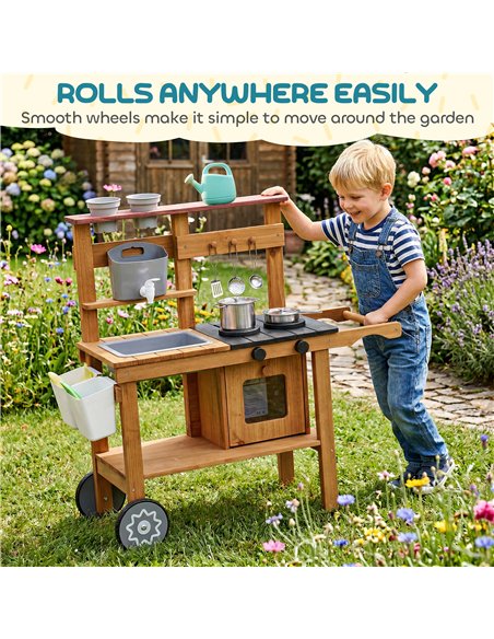 AIYAPLAY Wooden Mud Kitchen with Wheels, Stove, Faucet, Flower Pots, Stainless Steel Accessories for Toddlers 3-6, Brown - pic 203305 | FastDaddyshop