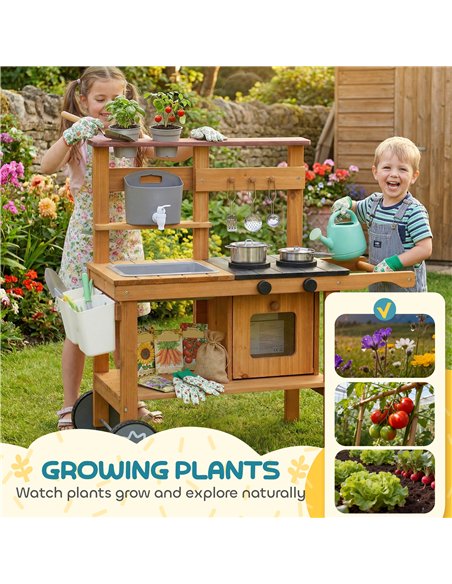 AIYAPLAY Wooden Mud Kitchen with Wheels, Stove, Faucet, Flower Pots, Stainless Steel Accessories for Toddlers 3-6, Brown - pic 203306 | FastDaddyshop