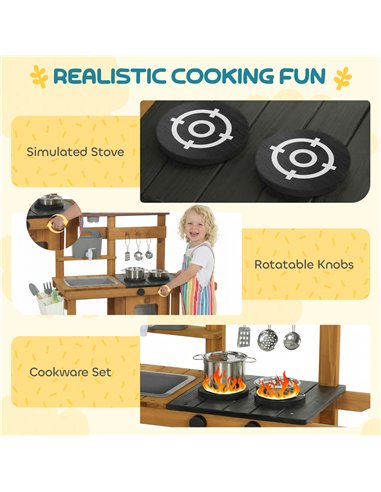 AIYAPLAY Wooden Mud Kitchen with Wheels, Stove, Faucet, Flower Pots, Stainless Steel Accessories for Toddlers 3-6, Brown