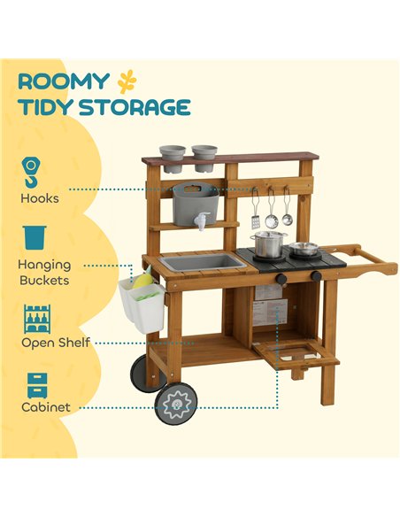 AIYAPLAY Wooden Mud Kitchen with Wheels, Stove, Faucet, Flower Pots, Stainless Steel Accessories for Toddlers 3-6, Brown - pic 203308 | FastDaddyshop