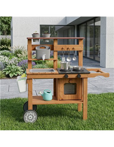 AIYAPLAY Wooden Mud Kitchen with Wheels, Stove, Faucet, Flower Pots, Stainless Steel Accessories for Toddlers 3-6, Brown