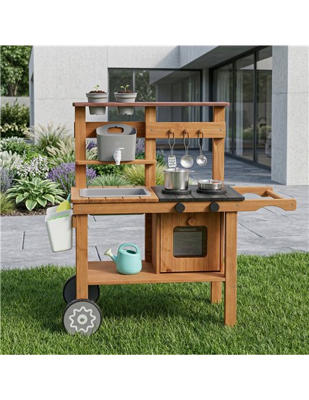 AIYAPLAY Wooden Mud Kitchen with Wheels, Stove, Faucet, Flower Pots, Stainless Steel Accessories for Toddlers 3-6, Brown - pic 203309 | FastDaddyshop