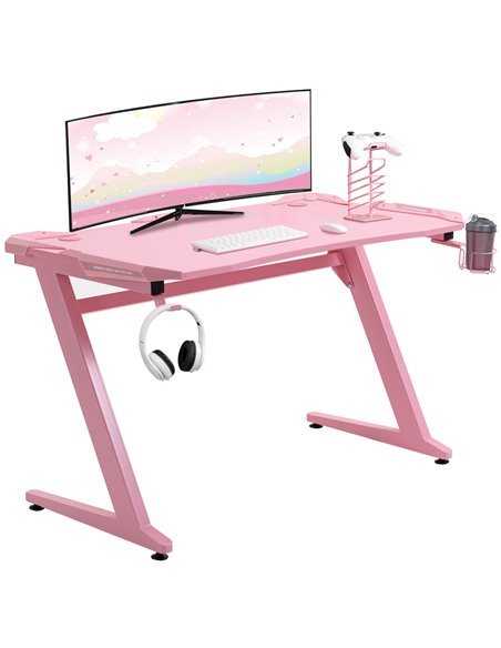 HOMCOM Ergonomic Home Office Gaming Desk with Hook, Cup Holder, Pink - pic 20331 | FastDaddyshop