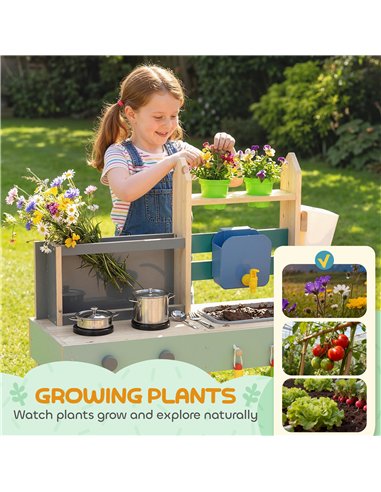 AIYAPLAY Mud Kitchen with Working Faucet, Kids Play Kitchen with Flower Pots, Kitchen Accessories, Planting Tools, Blue