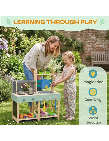 AIYAPLAY Mud Kitchen with Working Faucet, Kids Play Kitchen with Flower Pots, Kitchen Accessories, Planting Tools, Blue