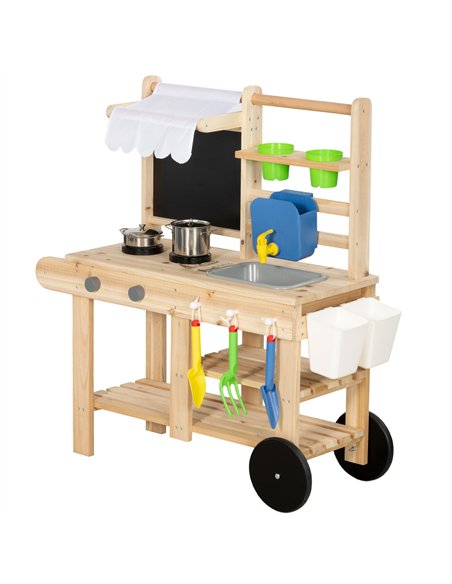 AIYAPLAY Mud Kitchen with Real Water Faucet Pretend Play Kitchen Playset with Sink and Storage Natural Wood - pic 203319 | FastDaddyshop