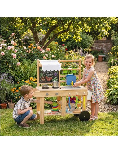 AIYAPLAY Mud Kitchen with Real Water Faucet Pretend Play Kitchen Playset with Sink and Storage Natural Wood
