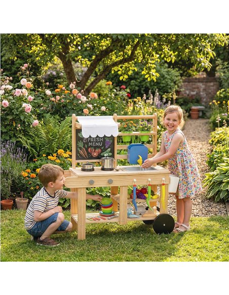 AIYAPLAY Mud Kitchen with Real Water Faucet Pretend Play Kitchen Playset with Sink and Storage Natural Wood - pic 203320 | FastDaddyshop