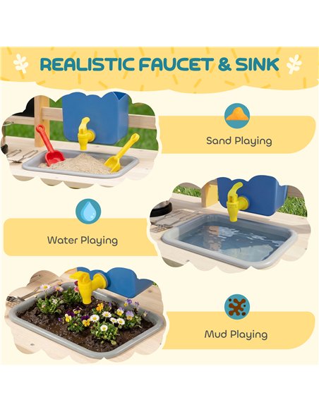 AIYAPLAY Mud Kitchen with Real Water Faucet Pretend Play Kitchen Playset with Sink and Storage Natural Wood - pic 203322 | FastDaddyshop
