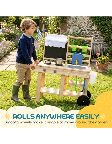 AIYAPLAY Mud Kitchen with Real Water Faucet Pretend Play Kitchen Playset with Sink and Storage Natural Wood - pic 203323 | FastDaddyshop