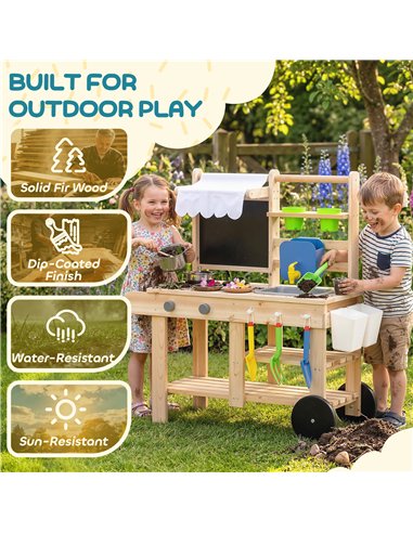 AIYAPLAY Mud Kitchen with Real Water Faucet Pretend Play Kitchen Playset with Sink and Storage Natural Wood