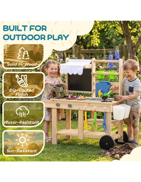 AIYAPLAY Mud Kitchen with Real Water Faucet Pretend Play Kitchen Playset with Sink and Storage Natural Wood - pic 203324 | FastDaddyshop