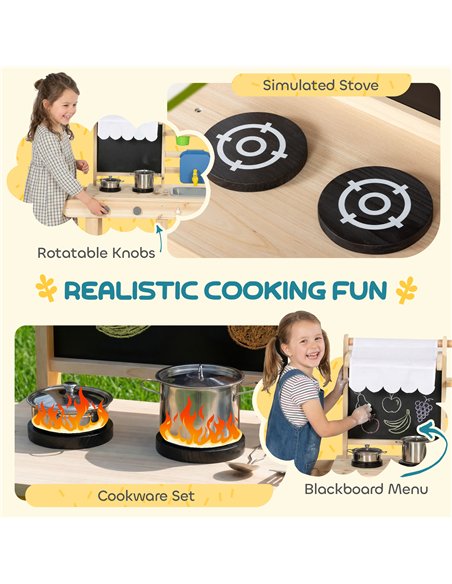 AIYAPLAY Mud Kitchen with Real Water Faucet Pretend Play Kitchen Playset with Sink and Storage Natural Wood - pic 203325 | FastDaddyshop