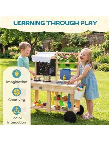 AIYAPLAY Mud Kitchen with Real Water Faucet Pretend Play Kitchen Playset with Sink and Storage Natural Wood