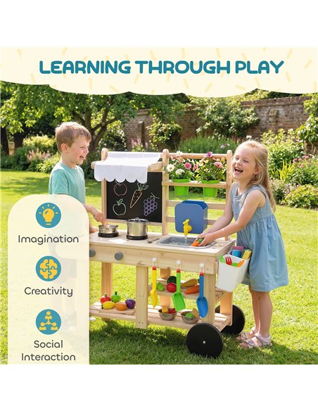 AIYAPLAY Mud Kitchen with Real Water Faucet Pretend Play Kitchen Playset with Sink and Storage Natural Wood - pic 203327 | FastDaddyshop