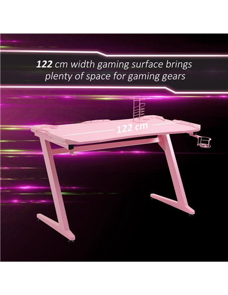 HOMCOM Ergonomic Home Office Gaming Desk with Hook, Cup Holder, Pink - pic 20333 | FastDaddyshop