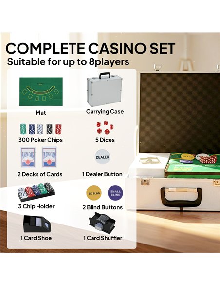 SPORTNOW 300-Piece Poker Chips Set with Card Shuffler, Card Shoe, Case, Casino Texas Holdem Poker Set with Mat, Silver Tone - pic 203331 | FastDaddyshop
