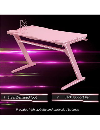 HOMCOM Ergonomic Home Office Gaming Desk with Hook, Cup Holder, Pink