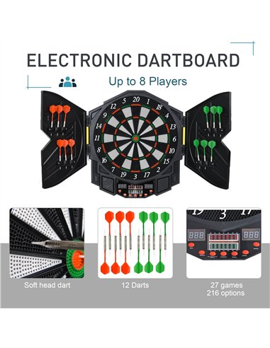 HOMCOM Dart Board Set, Electronic Dartboard with LED Digital Score Display, Soft Tip Darts, 27 Games, Speaker Sound