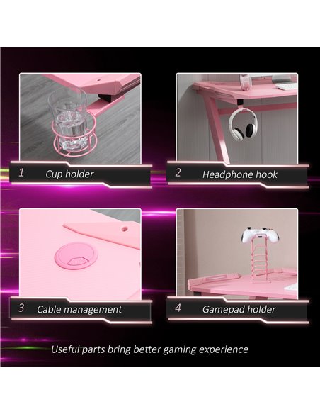 HOMCOM Ergonomic Home Office Gaming Desk with Hook, Cup Holder, Pink - pic 20336 | FastDaddyshop