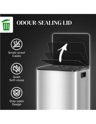 HOMCOM 40L Dual Compartment Stainless Steel Bin, with Deodoriser Holders - Silver Tone