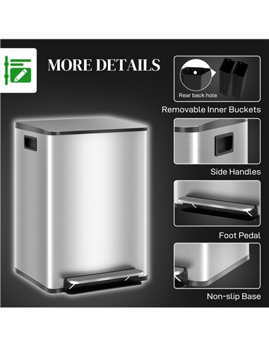 HOMCOM 40L Dual Compartment Stainless Steel Bin, with Deodoriser Holders - Silver Tone