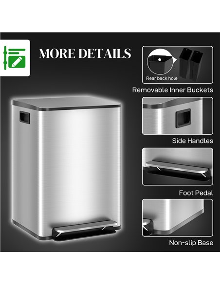 HOMCOM 40L Dual Compartment Stainless Steel Bin, with Deodoriser Holders - Silver Tone - pic 203406 | FastDaddyshop