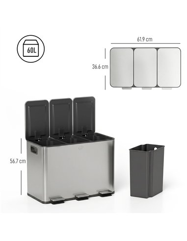 HOMCOM 3 x 20L Pedal Bin, Steel Triple Kitchen Bin with Soft Close Lid, Removable Inner Buckets, Fingerprint-Proof, Silver Tone