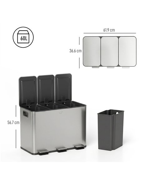 HOMCOM 3 x 20L Pedal Bin, Steel Triple Kitchen Bin with Soft Close Lid, Removable Inner Buckets, Fingerprint-Proof, Silver Tone - pic 203411 | FastDaddyshop