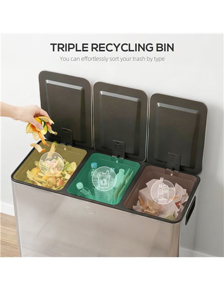 HOMCOM 3 x 20L Pedal Bin, Steel Triple Kitchen Bin with Soft Close Lid, Removable Inner Buckets, Fingerprint-Proof, Silver Tone - pic 203412 | FastDaddyshop