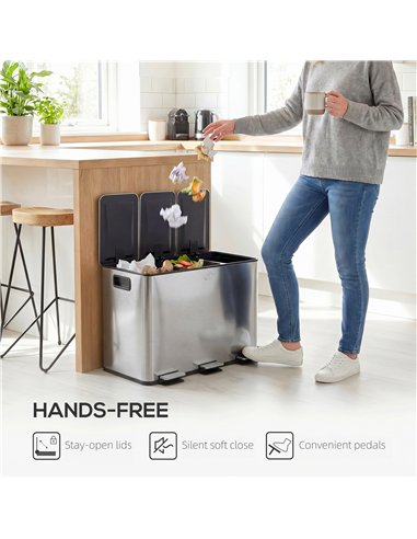 HOMCOM 3 x 20L Pedal Bin, Steel Triple Kitchen Bin with Soft Close Lid, Removable Inner Buckets, Fingerprint-Proof, Silver Tone