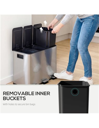 HOMCOM 3 x 20L Pedal Bin, Steel Triple Kitchen Bin with Soft Close Lid, Removable Inner Buckets, Fingerprint-Proof, Silver Tone