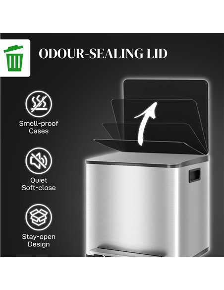 HOMCOM 30L Dual Compartment Stainless Steel Bin, with Deodoriser Holders - Silver Tone - pic 203423 | FastDaddyshop