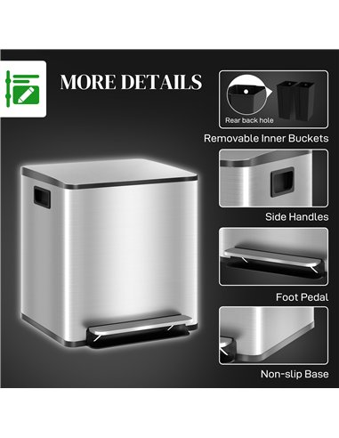 HOMCOM 30L Dual Compartment Stainless Steel Bin, with Deodoriser Holders - Silver Tone
