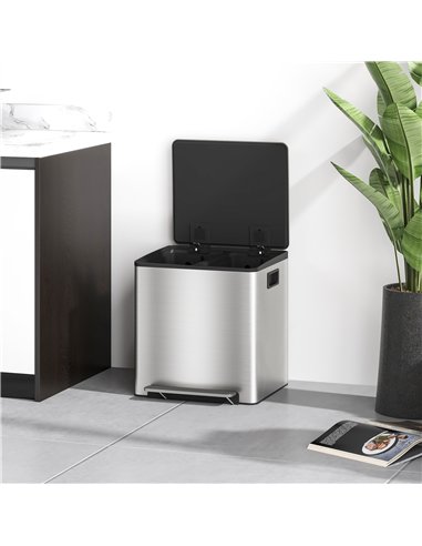 HOMCOM 30L Dual Compartment Stainless Steel Bin, with Deodoriser Holders - Silver Tone