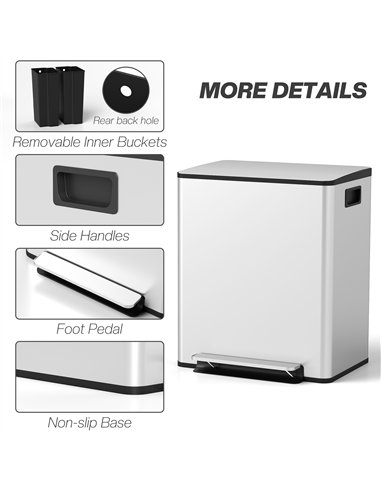HOMCOM 50L Dual Compartment Stainless Steel Bin, with Deodoriser Holders - Silver